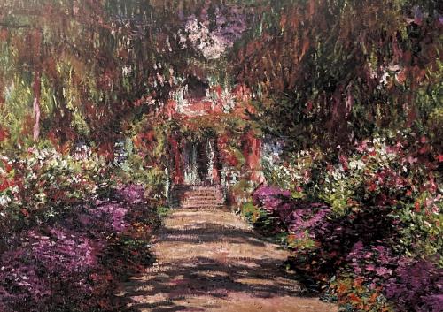 Painting of a path in a garden, with trees and flowers