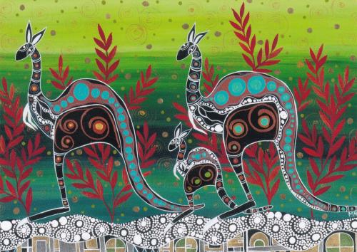 Kangaroos painted with watercolors on the wall.