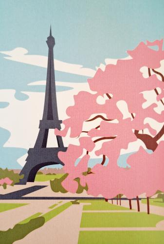Eiffel Tower and cherry blossom in Paris, France.