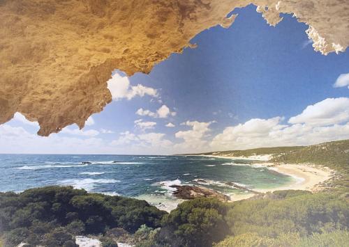 View from the cave to the beach and the sea. Collage.