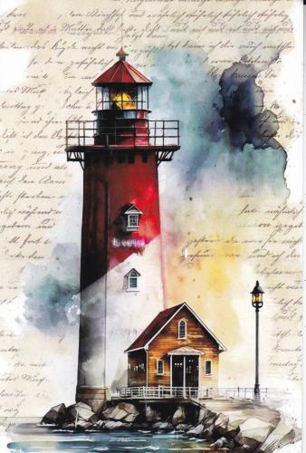 Lighthouse on the background of an old letter. Watercolor painting.
