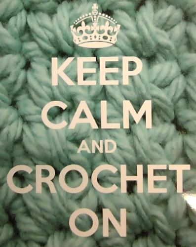 Keep calm and knit on a woolen knitted background with a crown