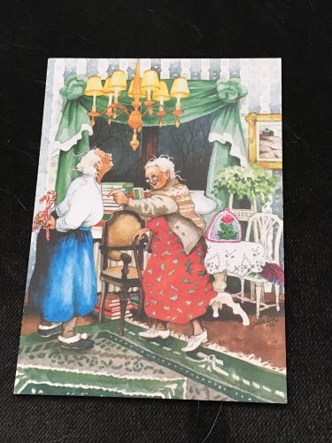 Vintage postcard with the image of an old woman and a child