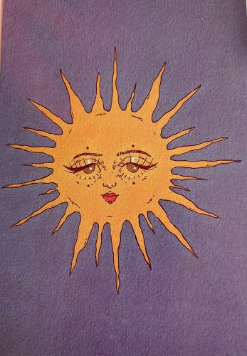 Hand drawn sun on a blue background. The sun is smiling.
