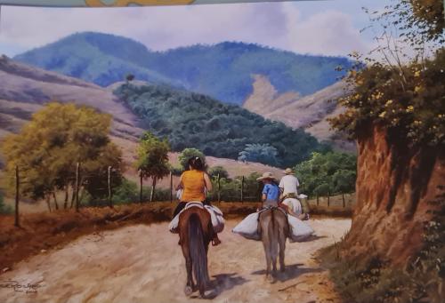 Riding on the horses in the mountains. Painting on canvas.