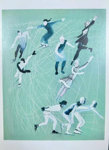 Artistic drawing of ice skater on green background. Hand drawn illustration.