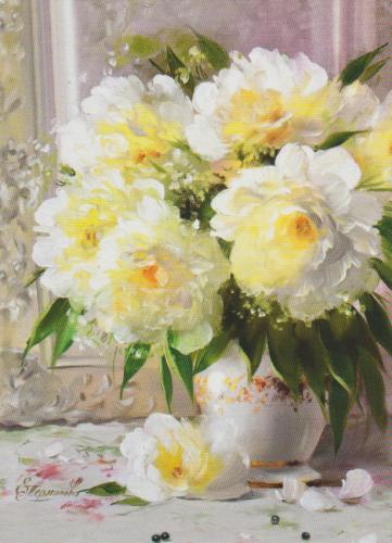 White peonies in a vase on the table. Oil painting