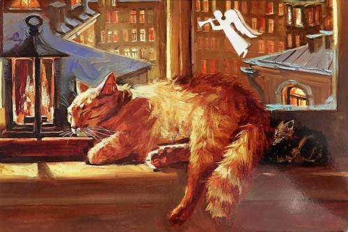 A painting of a cat lying on the windowsill in the city