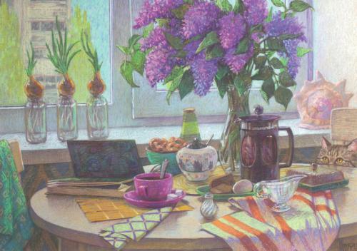 Still life with a cup of tea and a bouquet of lilacs