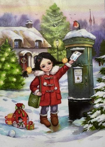 Little girl in a red coat with a bag of gifts and a letterbox in the snow