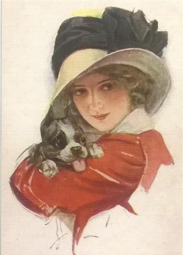 Vintage portrait of a girl with a dog in a hat.
