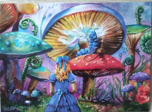 Mushrooms and mushrooms in the garden. Painting on canvas.