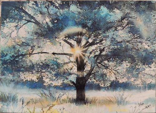 Watercolor painting of a tree in a meadow with blossoming trees