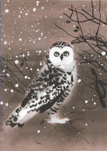 Snowy owl in winter forest. Hand drawn watercolor illustration.