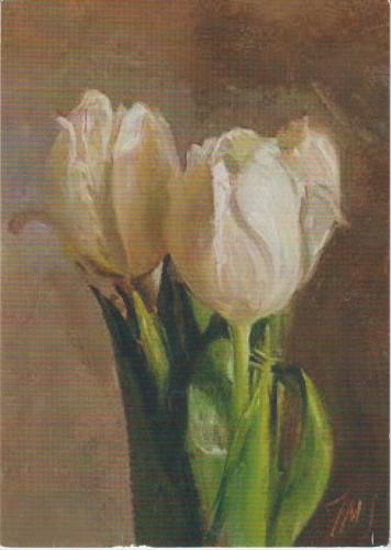White tulips on a dark brown background. Oil painting style.