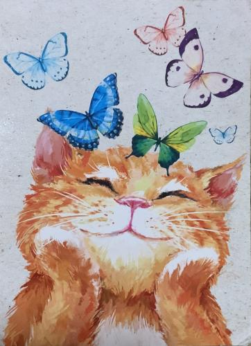 ginger cat with butterflies painted on the wall, watercolours