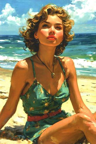 Portrait of a beautiful girl on the beach. Oil painting.
