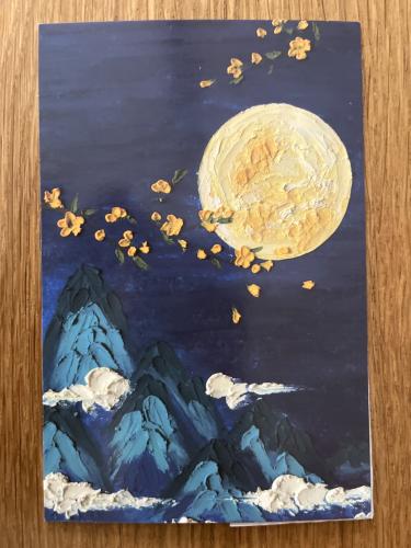Painting of a moon with flowers on the background of the mountains