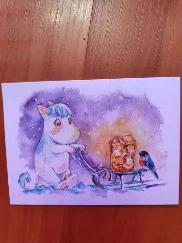 Hand drawn picture of a cute unicorn and a sleigh with gifts