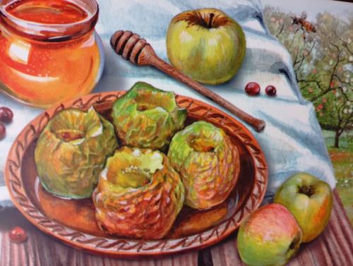 Still life with apples, honey and honeycombs on a wooden table