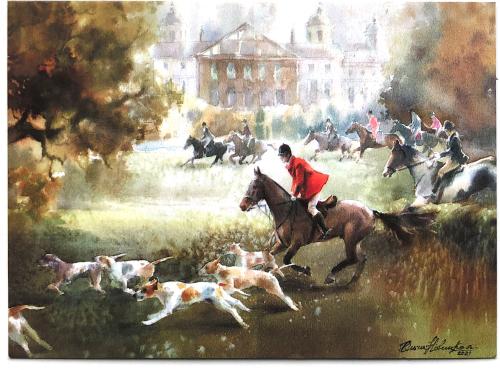 Illustration of a horseman in a red coat with his team