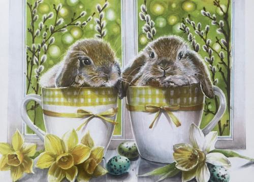 Easter card with eggs and rabbit in a cup on the windowsill