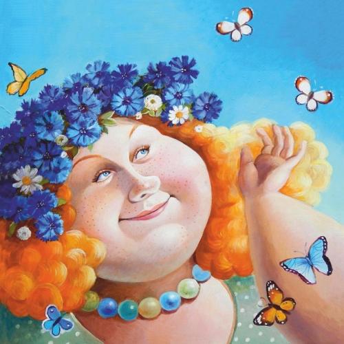 Portrait of a beautiful girl with flowers in her hair and butterflies