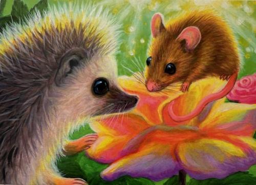 Two cute hedgehogs in love on a background of flowers.