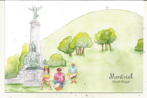 Watercolor drawing of a family sitting on the grass in the park.