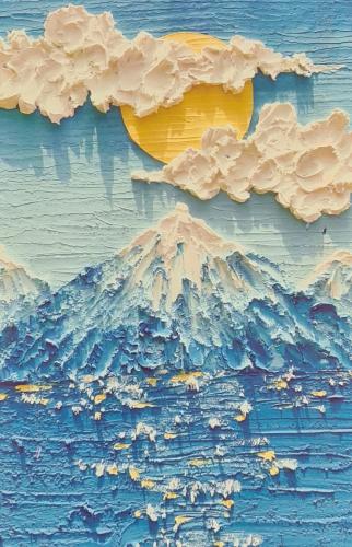 Vintage background with sun, mountains and clouds. Oil painting on canvas.