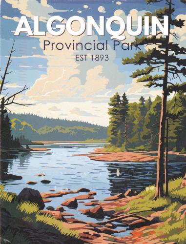 A poster with a view of the lake and the forest.