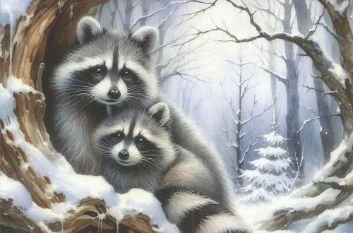 Raccoon family in the winter forest. Watercolor illustration.