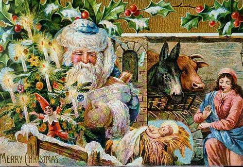 Christmas card with Santa Claus, holly berry and dog.