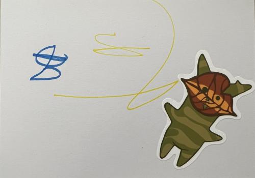 Children's drawing of a cat with a heart and the inscription 8