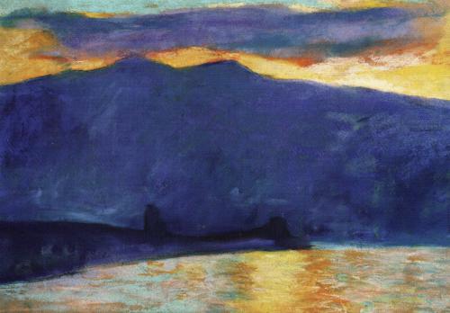abstract oil painting of a boat on the sea with mountains in the background