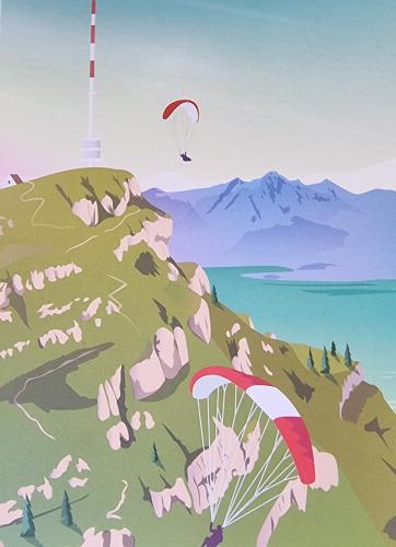 Paraglider flying over the mountains. Watercolor illustration.