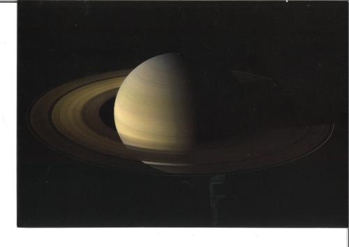 A view of the planet Saturn from an orbit in the Solar System.