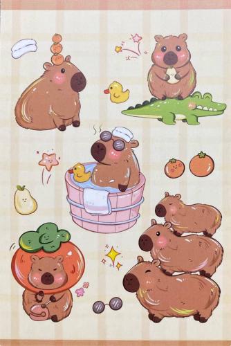 Set of cute cartoon animals in a basket. Watercolor illustration.