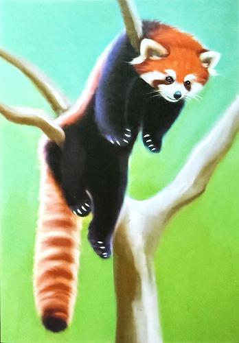 Red panda on a tree branch. Watercolor painting on canvas.