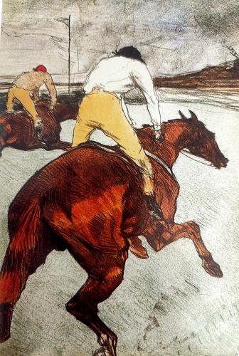 Jockey on horseback riding in the paddock. Illustration.