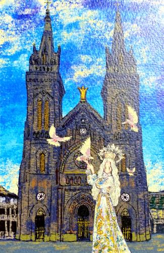 Digital painting of a woman in front of the Cathedral of Our Lady of the Immaculate Conception