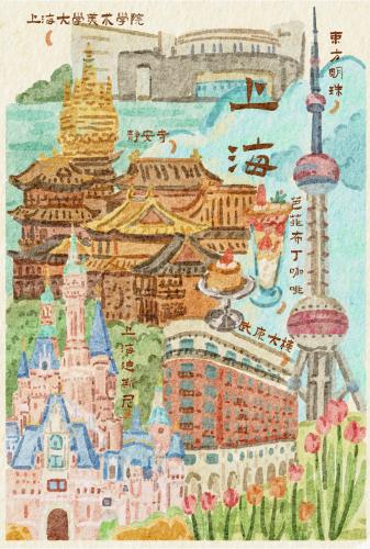 Travel to China - ancient Chinese postcard with the image of Shanghai