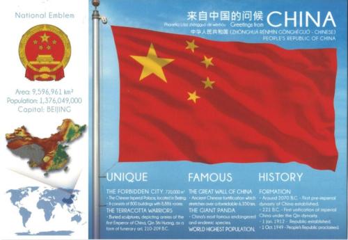 Flag of China on a flagpole with world map and text.