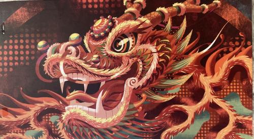 Colorful Chinese dragon painting on the wall, closeup of photo
