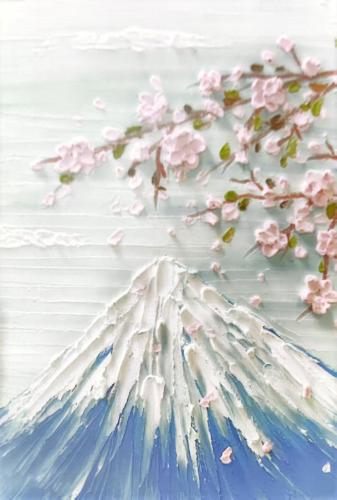 Painting of a mountain with pink flowers on a white background.