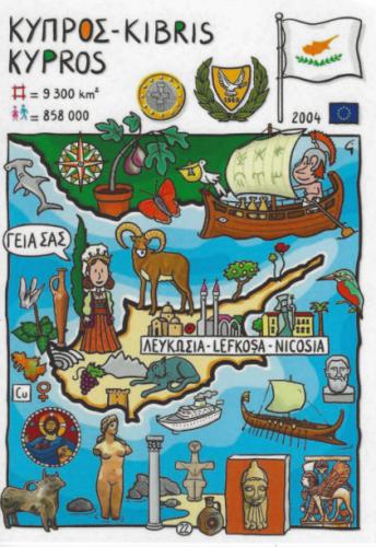 Vintage map of the island of Cyprus with symbols of the city