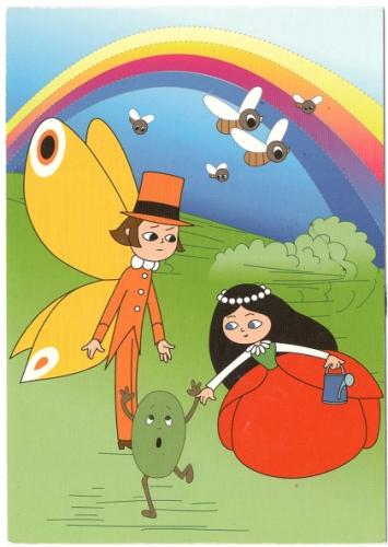 girl in a raincoat with a butterfly and a boy in a raincoat