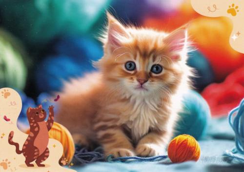 Cute ginger kitten playing with balls of yarn on a blue background
