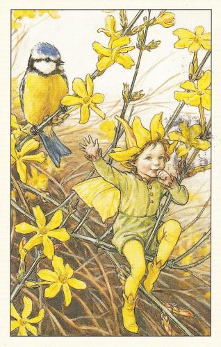 A drawing of a little girl sitting on a twig of yellow flowers with a blue tit.