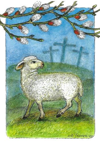Illustration of a sheep on a meadow in front of a cross